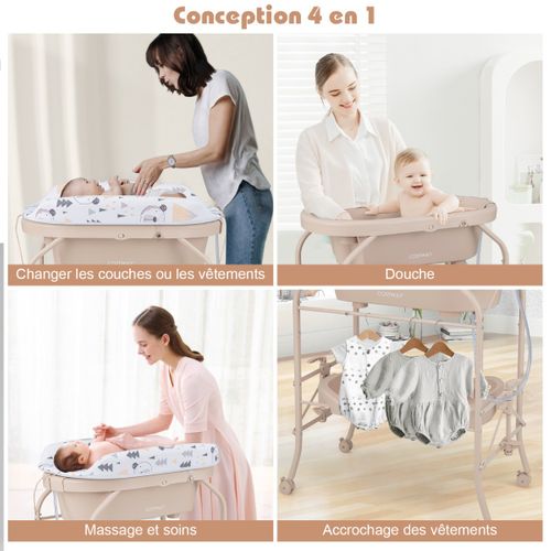 Table à Langer Bébé Avec Baignoire 20l Pliante 4 En 1 Coussin En Pvc 4 Roues Universelles