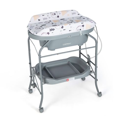 Table à Langer Bébé Avec Baignoire 20l Pliante 4 En 1 Coussin En Pvc 4 Roues Universelles
