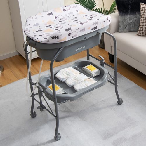 Table à Langer Bébé Avec Baignoire 20l Pliante 4 En 1 Coussin En Pvc 4 Roues Universelles