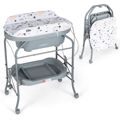 Table à Langer Bébé Avec Baignoire 20l Pliante 4 En 1 Coussin En Pvc 4 Roues Universelles