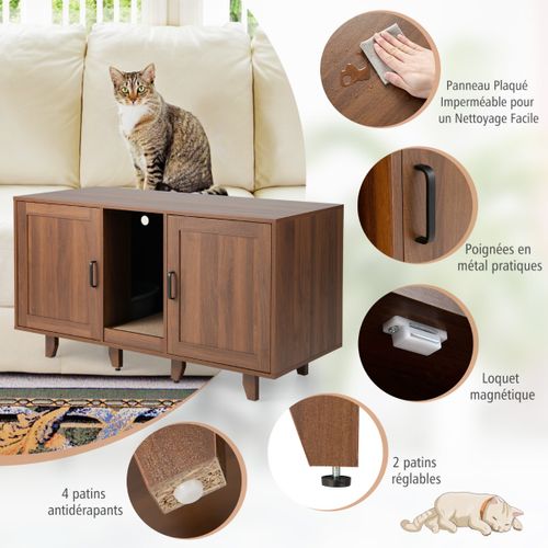 Bac à Litière, Maison De Toilette Pour Chat 2 Portes Planche à Gratter Amovible Café