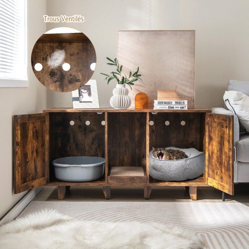 Bac à Litière, Maison De Toilette Pour Chat 2 Portes Planche à Gratter Amovible Marron Rustique