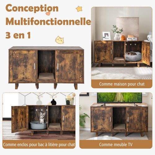 Bac à Litière, Maison De Toilette Pour Chat 2 Portes Planche à Gratter Amovible Marron Rustique