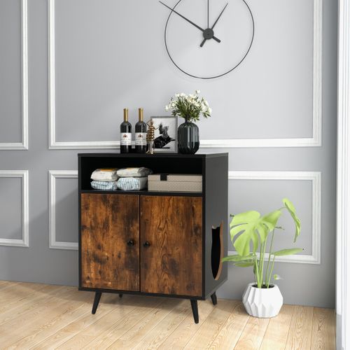 Bac à Litière, Maison De Toilette Pour Chat à Double Portes 60x45x75 Cm Meuble/2 Niveaux