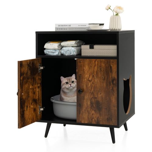 Bac à Litière, Maison De Toilette Pour Chat à Double Portes 60x45x75 Cm Meuble/2 Niveaux