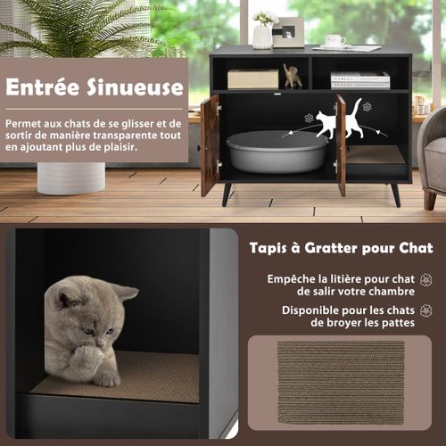 Bac à Litière, Maison De Toilette Pour Chat Industriel Avec Griffoir 90x50x70cm Avec 2 Portes