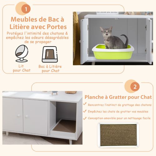 Bac à Litière, Maison De Toilette Pour Chat 90 X 50 X 50 Cm Avec 2 Portes Avec Planche à Gratter