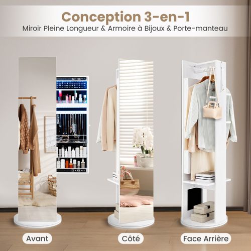 3 En 1 Armoire à Bijoux Pivotante à 360° Avec Miroir Pleine Longueur Porte-manteau Arrière