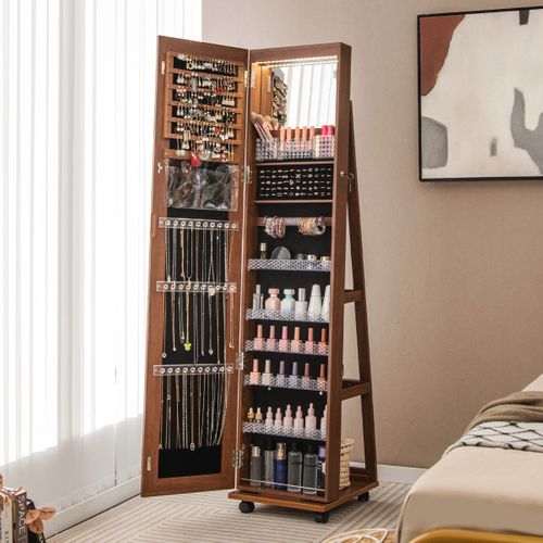 3 En 1 Armoire à Bijoux Sur Roulettes Miroir Psyché Sans Cadre Lumières LED Étagères Réglables