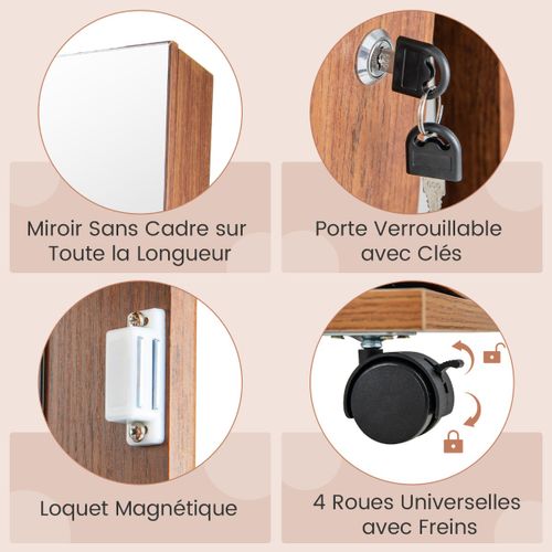 3 En 1 Armoire à Bijoux Sur Roulettes Miroir Psyché Sans Cadre Lumières LED Étagères Réglables