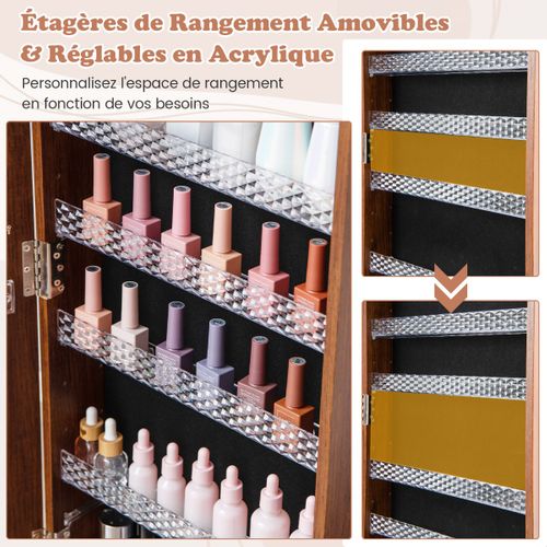3 En 1 Armoire à Bijoux Sur Roulettes Miroir Psyché Sans Cadre Lumières LED Étagères Réglables