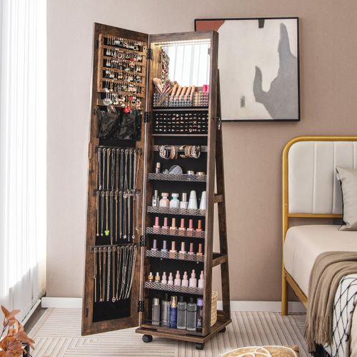 3 En 1 Armoire à Bijoux Sur Roulettes Miroir Psyché Sans Cadre Lumières LED Étagères Réglables