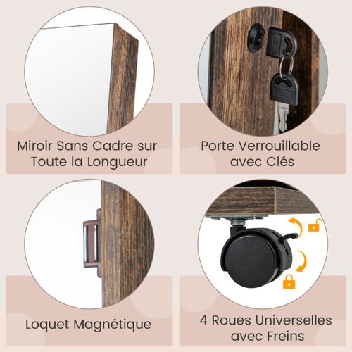 3 En 1 Armoire à Bijoux Sur Roulettes Miroir Psyché Sans Cadre Lumières LED Étagères Réglables