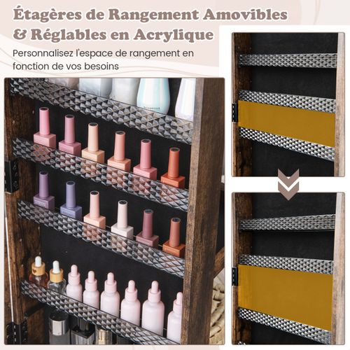 3 En 1 Armoire à Bijoux Sur Roulettes Miroir Psyché Sans Cadre Lumières LED Étagères Réglables