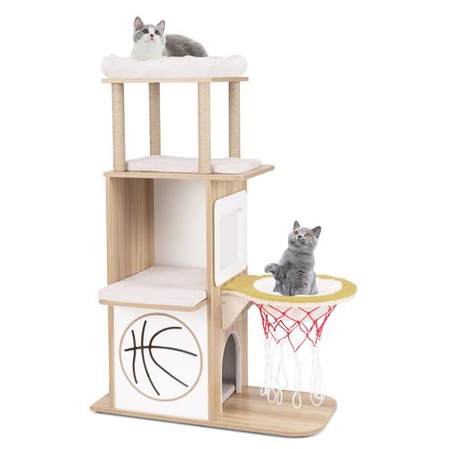 Arbre à Chat En Bois à Thème Sportif De 120 Cm 2 Etages 2 Perchoirs Hamac Panier De Basket