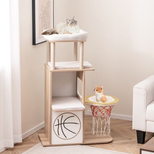 Arbre à Chat En Bois à Thème Sportif De 120 Cm 2 Etages 2 Perchoirs Hamac Panier De Basket
