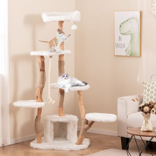 Arbre à Chat Moderne En Bois Massif 168cm Perchoirs Condo Griffoirs En Jute Corde En Sisal