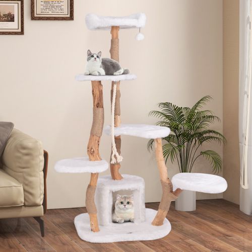 Arbre à Chat Moderne En Bois Massif 168cm Perchoirs Condo Griffoirs En Jute Corde En Sisal