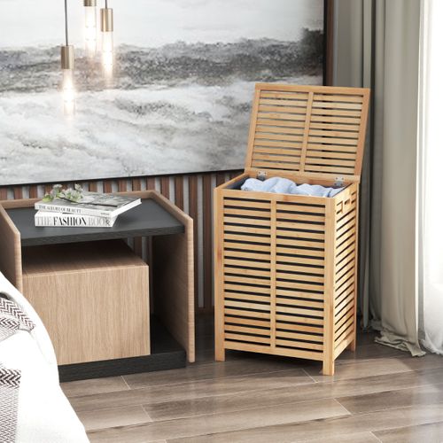 Panier à Linge 80l En Bambou Corbeille à Linge Avec Couvercle Sac à Doublure Et Poignées