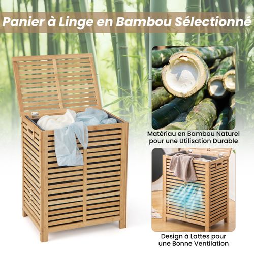 Panier à Linge 80l En Bambou Corbeille à Linge Avec Couvercle Sac à Doublure Et Poignées