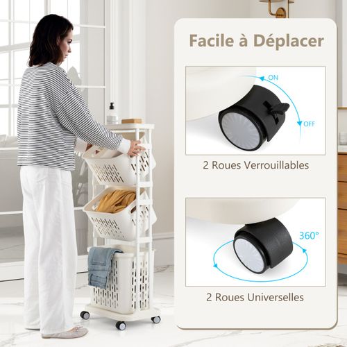 Panier à Linge à 3 Niveaux Trieur De Linge Avec 4 Roulettes Universelles Dont 2 Verrouillables