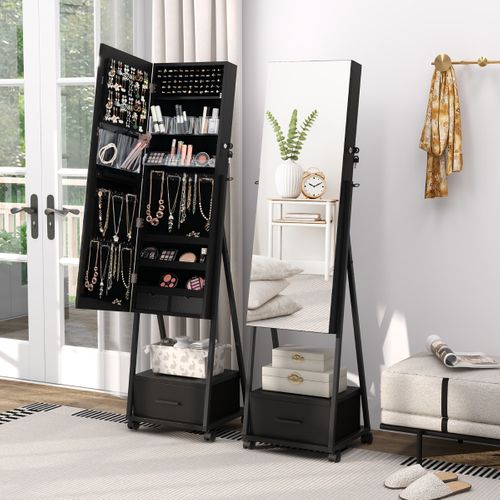 Armoire à Bijoux à Roulettes Avec Miroir Et Tiroir 9 Compartiments Porte Verrouillable Blanc