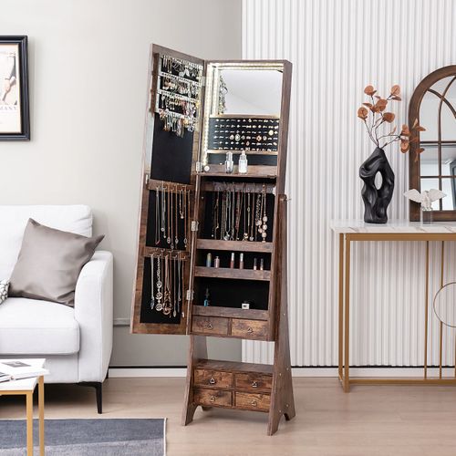 Armoire à Bijoux Sur Pied Avec Miroir Pleine Longueur Lumières LED Intégrées 6 Tiroirs
