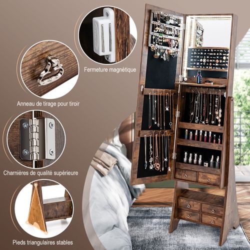 Armoire à Bijoux Sur Pied Avec Miroir Pleine Longueur Lumières LED Intégrées 6 Tiroirs