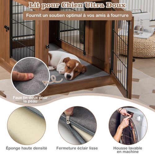 Cage Pour Chien Animaux Avec 2 Portes Verrouillables Coussin En Lin Industriel