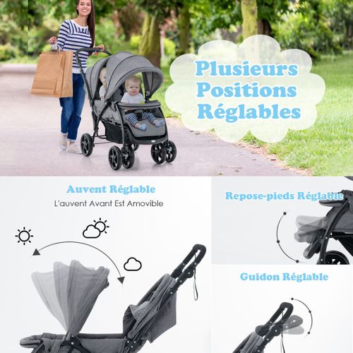 Poussette Double Pliante Pour Bébé Avec Siège Et Auvent Tandem Ceinture De Sécurité à 5 Points