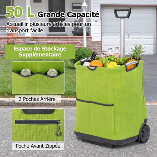 Chariot De Courses Pliable De 50l Chariot Utilitaire Portable Avec 3 Poches Poignée Rétractable