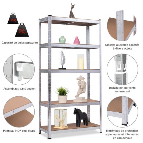 Etagère De Garage à 5 Niveaux Charge Max.175kg Etagère Ajustable 90 X 40 X 180cm
