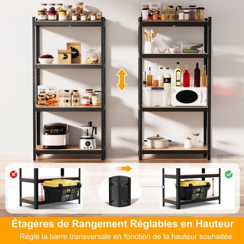 Etagère De Rangement à 4 Niveaux Stockage Rayonnage D’atelier En Acier Et Mdf 40x80x160cm Noir