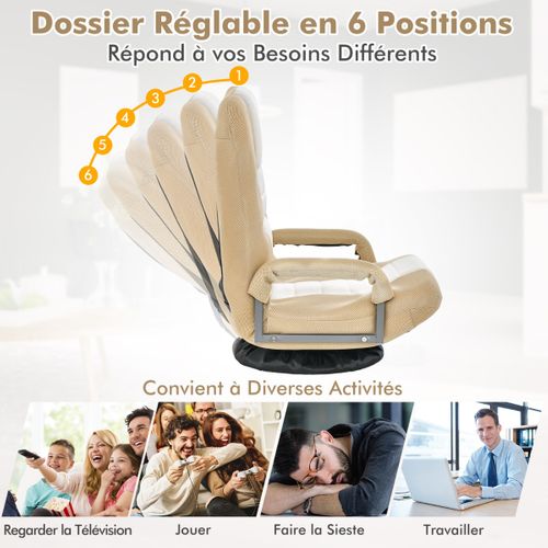 Fauteuil Relax, Fauteuil Pliable De Sol Dossier Réglable Sur 6 Positions Et Base Pivotante Café