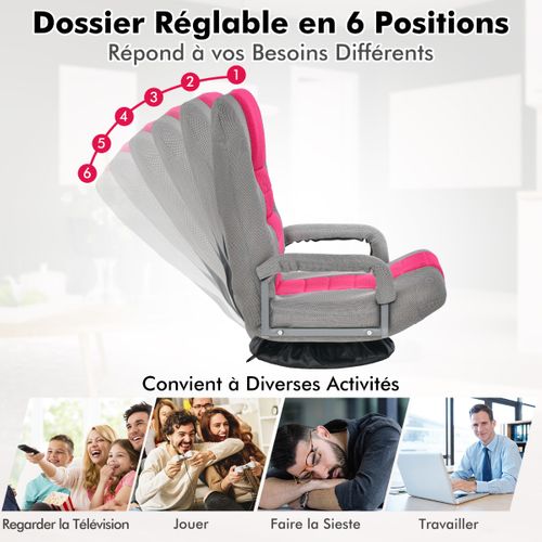 Fauteuil Relax, Fauteuil Pliable De Sol Dossier Réglable Sur 6 Positions Et Base Pivotante Rose