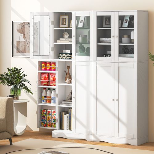 Vitrine, Buffet, Meuble De Rangement Avec 4 Portes Multi-rangement 60x31,5x161,5cm Blanc