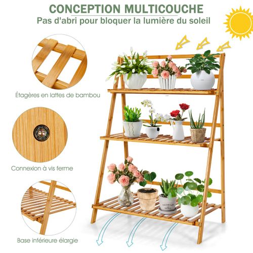 Jardinière, Étagère Pliable Pour Plantes Pliant à 3 Niveaux 70x38x95,5cm Naturel Bambou