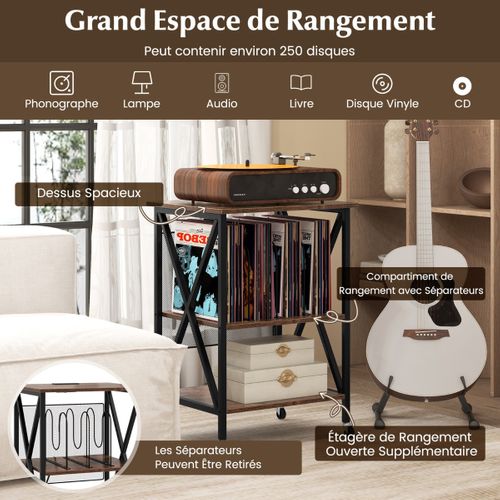 Meuble De Rangement D'appoint, Support Pour Tourne-disque Avec Station De Charge Métal Marron