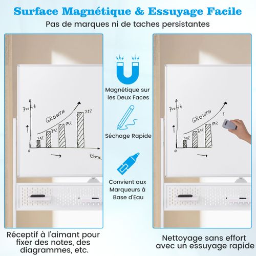 Tableau Blanc Effaçable à Sec Mobile Double Face 120 X 90cm Avec Support Magnétique Sur Pied