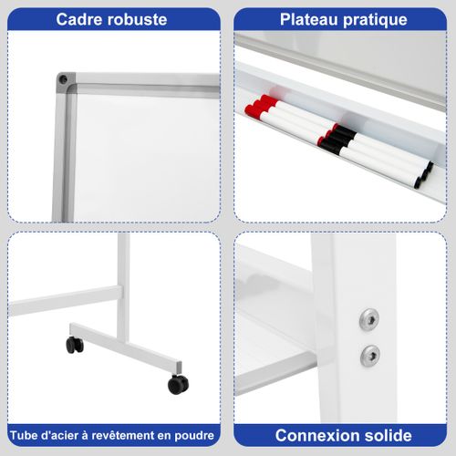 Tableau Blanc Mobile Magnétique Double Face Avec 6 Marqueurs 12 Aimants Et 1 Gomme Pour Bureau