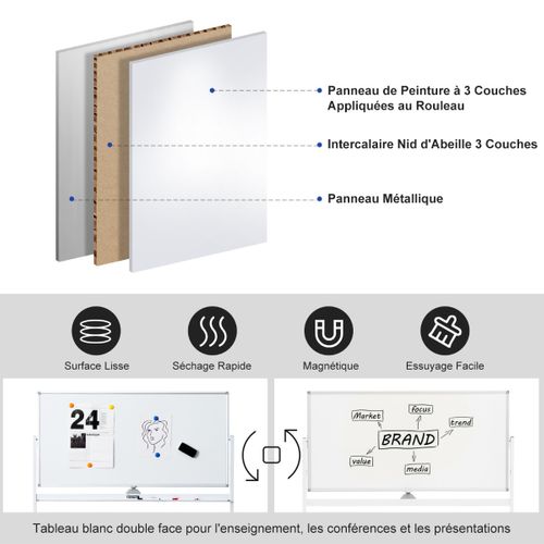 Tableau Blanc Mobile Magnétique Double Face Avec 6 Marqueurs 12 Aimants Et 1 Gomme Pour Bureau