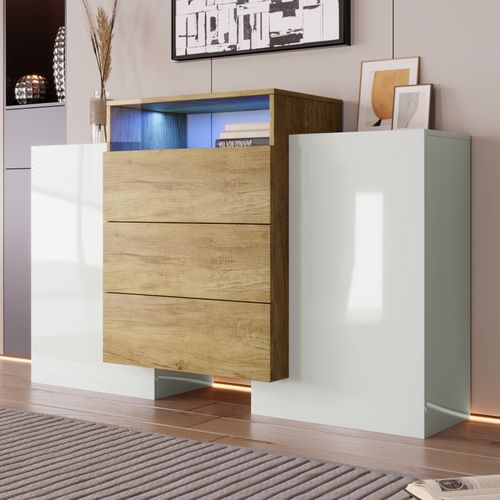 Buffet Blanc Et Bois Avec Lumière LED, Buffet De Salon Avec 2 Portes Et 3 Tiroirs