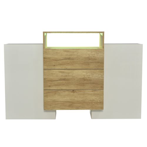 Buffet Blanc Et Bois Avec Lumière LED, Buffet De Salon Avec 2 Portes Et 3 Tiroirs