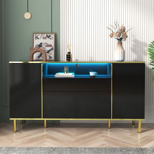 Meuble De Rangement Noir Buffet Avec Quatre Portes Et Deux Tiroirs Armoire LED Moderne