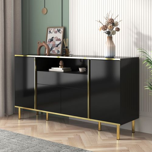 Meuble De Rangement Noir Buffet Avec Quatre Portes Et Deux Tiroirs Armoire LED Moderne