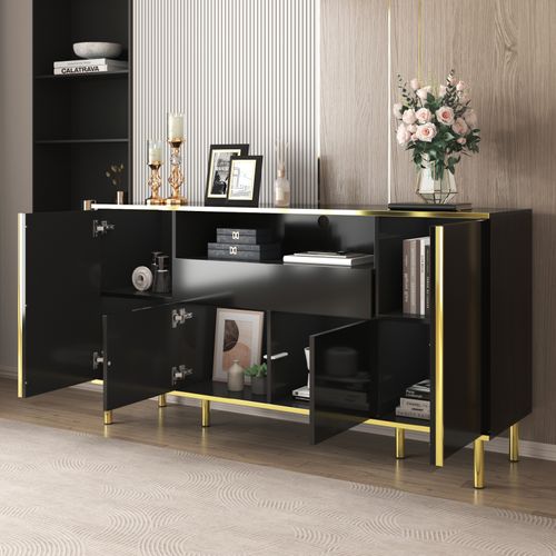 Meuble De Rangement Noir Buffet Avec Quatre Portes Et Deux Tiroirs Armoire LED Moderne