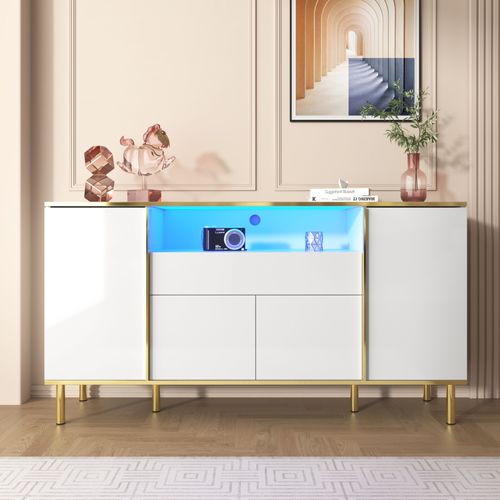 Meuble De Rangement Blanc Buffet Avec Quatre Portes Et Deux Tiroirs Armoire LED Moderne