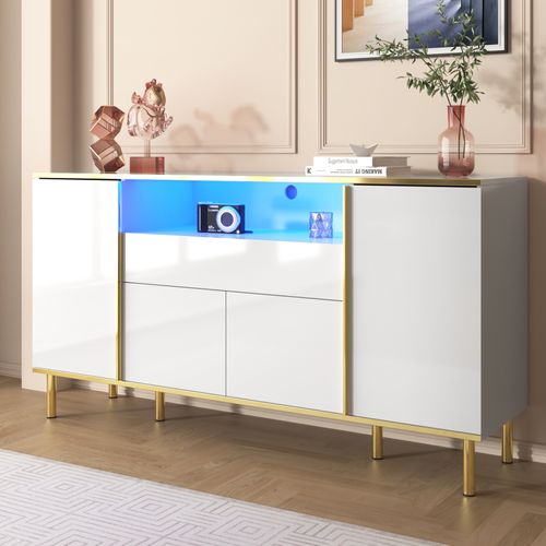 Meuble De Rangement Blanc Buffet Avec Quatre Portes Et Deux Tiroirs Armoire LED Moderne