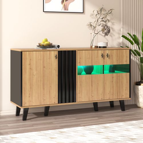 Buffet Avec Lumière LED -  Moderne Avec 3 Portes Et Verre - Couleur Bois