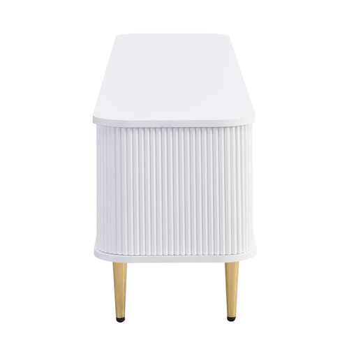 Meuble TV Moderne Bas Avec Tiroirs Et Côtés Ondulés, Bords Incurvés, Avec Poignées Et Pieds Dorés